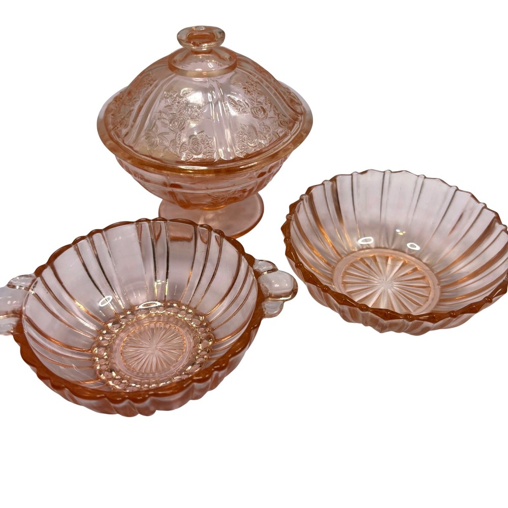 Vintage‎ Pink Depression Glass Set Rose Candy Dish Ribbed Bowls 3 Piece Set